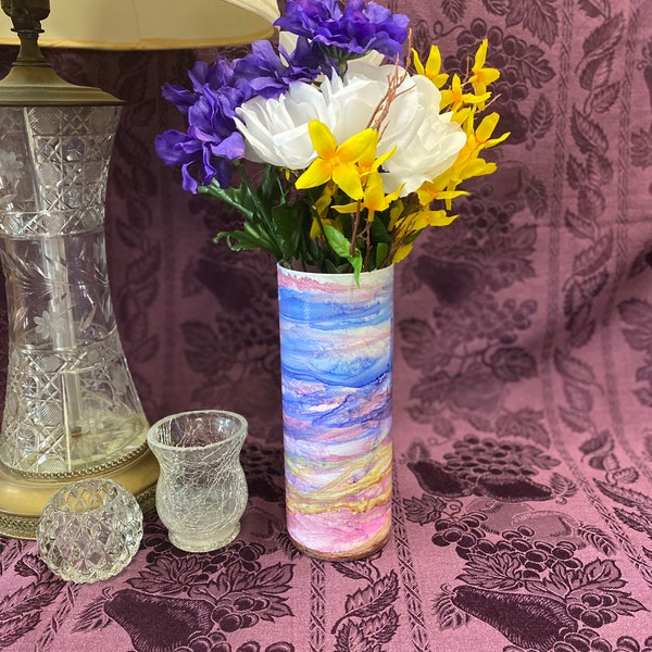 Custom Stained Glass Vase with Blue, Purple, Pink, and White Sunset-Inspired Colors, Alcohol Ink Staining, Handcrafted Vase Art