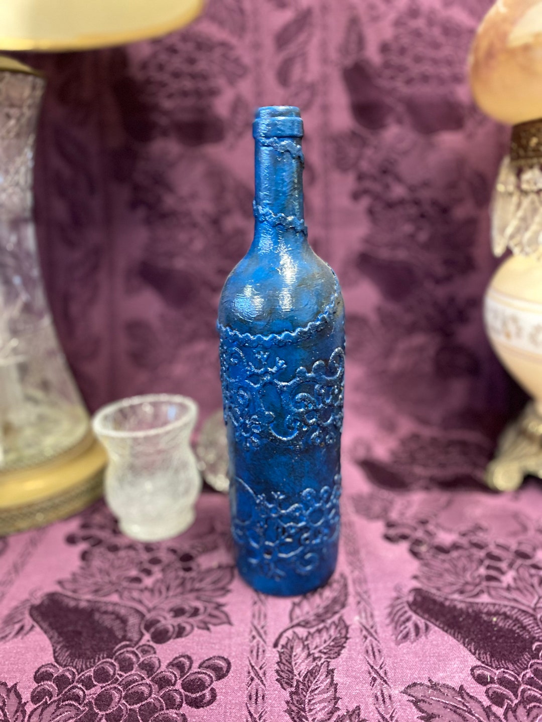 Blue Antique Themed Decorative Glass Bottle, Wine Bottle, Hand Painted Upcycled Vase, Artistic