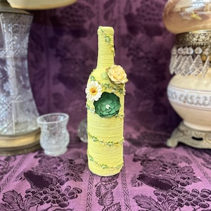 Decorative Wine Bottle Wrapped in Yellow String, Wine Bottle with Flowers, Painted Wine Bottle, Decorative Bottle for Home, Glass Bottle