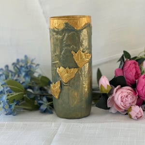 Custom Hand Painted Glass Flower Vase with Textured Finish Green and Gold Vintage Inspired Vase, Customized Vessel