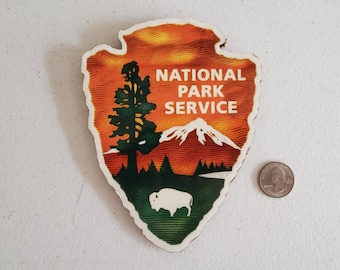 May include: A brown and green National Park Service patch with a mountain, a tree, and a bison. The patch is shaped like a spearhead and has the words "National Park Service" printed on it.