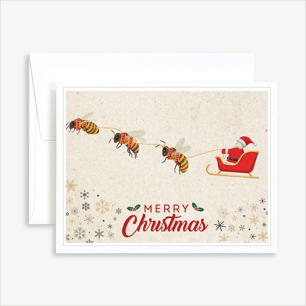 Santa Bee Reindeer SHIPS AHORA EE.UU. Tarjeta de Navidad hecha a mano Bee Lover Beehive Tarjetas- Tarjetas Papelería Honeybee Honey Farm Beehive Shoppe