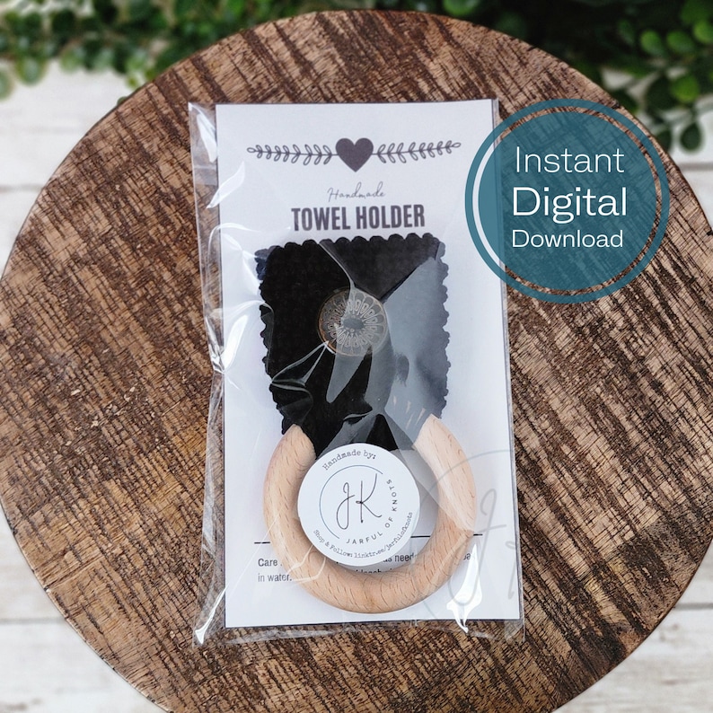 May include: A digital download for a handmade wooden towel holder. The holder is made of natural wood and has a black felt backing. The listing includes the text "Handmade by JK - Joyful Knots".