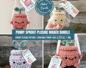 Lot de motifs au crochet et d'étiquettes de présentation, lot de création de peluches Punny Sprout avec étiquettes prêtes à imprimer, 5 styles, module inclus