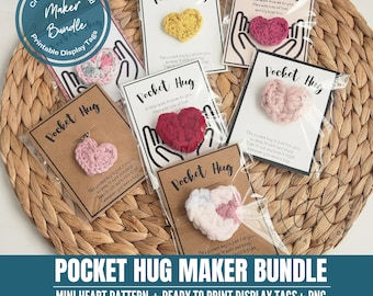 Crochet Pattern and Display Tag Bundle, Pocket Hug Mini Heart Pattern Maker Bundle, Display Tags (3 Styles), Video Tutorial