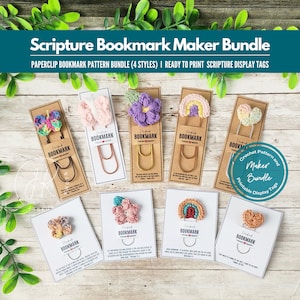 May include: A set of eight crochet bookmark patterns featuring a butterfly, flower, rainbow, and heart design. Each bookmark is attached to a gold paperclip and displayed on a card with a scripture verse. The cards are labeled "Bookmark" and "Handmade".