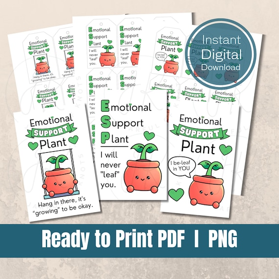 Digital Download, Emotional Support Plant Display Tags, 3 Styles, Ready to Print PDF, PNG, Crochet Plushie Tags, Plant Pun Tags