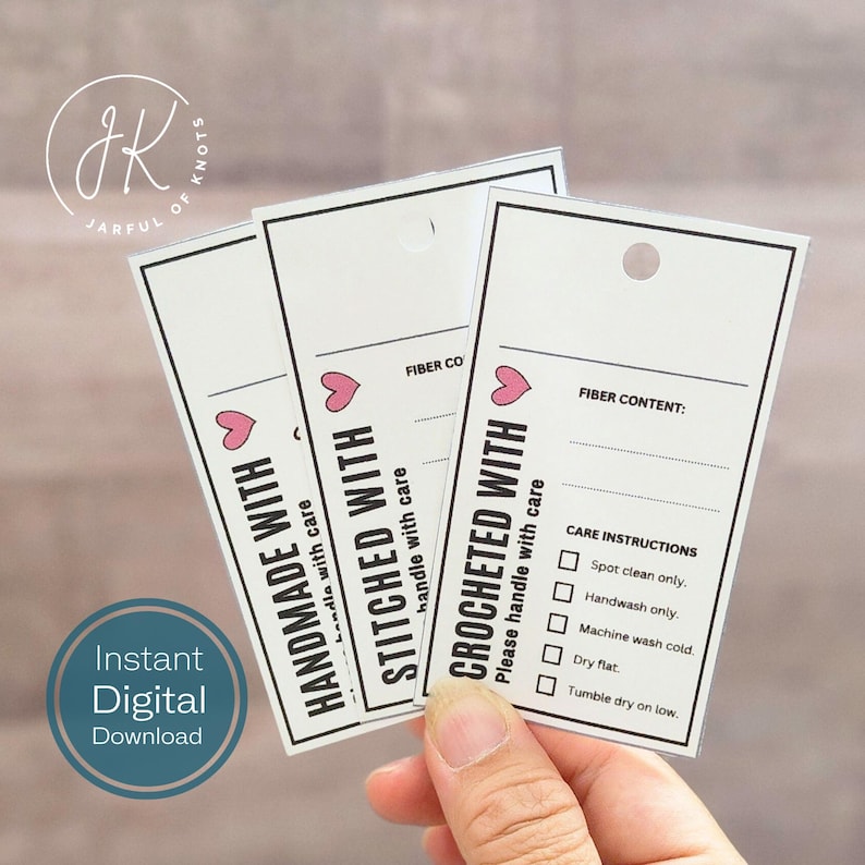 Etiquetas imprimibles para exhibir productos hechos a mano, listas para imprimir, archivo PNG, tarjeta de presentación, tarjetas de cuidado, archivo PDF, archivos de tarjetas de cuidado de crochet imagen 1