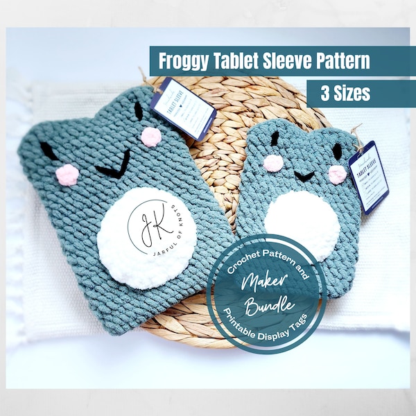 Crochet Pattern and Display Tag Bundle, Froggy Tablet Sleeve, 3 Sizes, Ipad Sleeve, Digital Download, Beginner Friendly, school