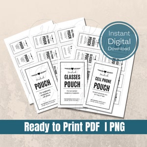 May include: Printable black and white tags for glasses and cell phone pouches. The tags feature a handwritten font and a heart design. The text on the tags reads "Handmade Glasses Pouch" and "Handmade Cell Phone Pouch".
