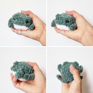 May include: A handmade, plush frog in shades of green and white. The frog has a textured, fuzzy body, black eyes, and a white belly. The text "Jarful Of Knots" is visible in the image.
