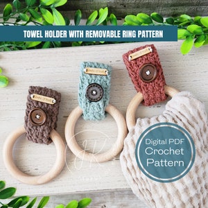 May include: Three crocheted towel rings in brown, green, and red with wooden rings. Each ring has a wooden tag that says "World of Knots". The rings are on a light wood surface with a beige towel. Digital PDF Crochet Pattern.