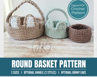 Crochet Pattern, 3 Sizes, Round Basket Pattern, Basket With Handle, T-shirt Yarn, Baby Basket, Flower Girl Basket, Woven basket