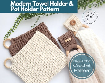 Crochet Pattern, Modern Towel Holder (2 styles) and Pot Holder, Digital PDF Pattern, Crochet Towel Holder Pattern, Crochet Pot Holder, Home