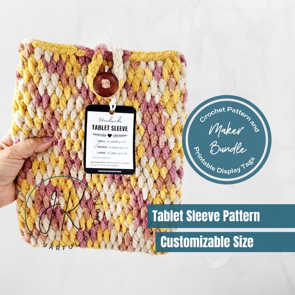 Crochet Pattern and Display Tag Bundle, Table Sleeve, Ipad Cover, Customizable Size, Digital Download, Beginner Friendly, Craft Market Prep