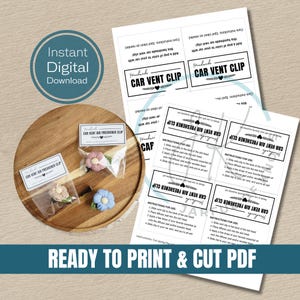 May include: A digital download featuring handmade car vent clips. The image shows three flower-shaped air fresheners in clear packaging, alongside printed instructions and labels. The text includes "Instant Digital Download" and "Ready to Print & Cut PDF."