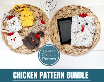 Crochet Pattern Bundle, Chicken Pattern Bundle, Chicken Tablet Sleeve and Chicken Pouch Pattern, Crochet Bundles, Beginner Friendly