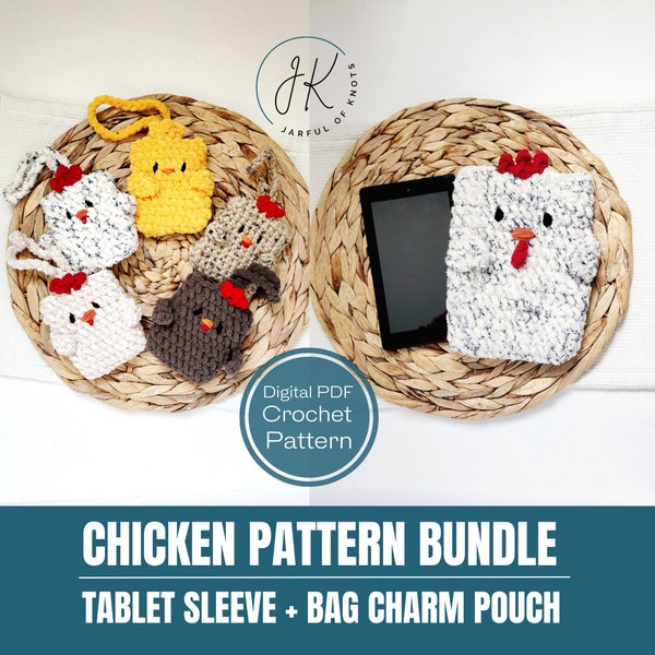 Crochet Pattern Bundle, Chicken Pattern Bundle, Chicken Tablet Sleeve and Chicken Pouch Pattern, Crochet Bundles, Beginner Friendly