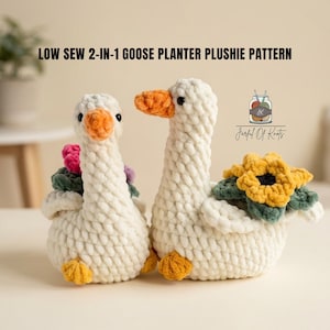 May include: Two crocheted goose plushies with white yarn bodies and orange beaks. The geese feature hollow backs holding crocheted flowers in yellow, green, and pink. Text reads: LOW SEW 2-IN-1 GOOSE PLANTER PLUSHIE PATTERN and Jarful Of Knots.