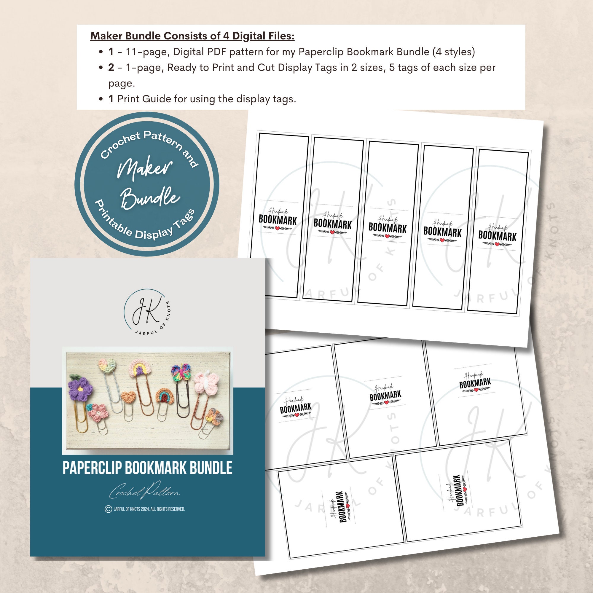 Crochet Pattern and Display Tag Bundle, Paperclip Bookmark Pattern, 4 ...