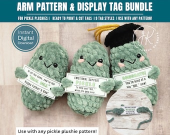 Crochet Pickle Plushie Tag Bundle: 9 Punny Styles, Arm Pattern (Digital PDF)