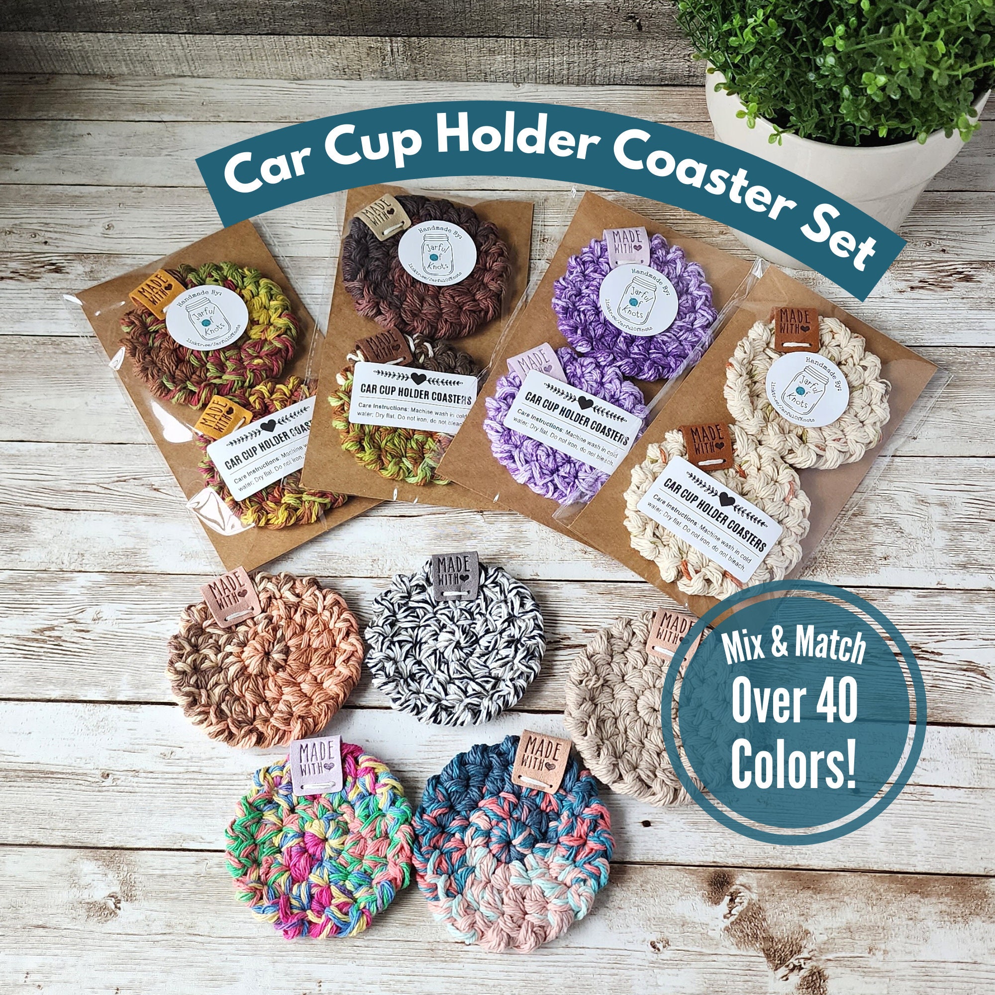2 Pack Machine Washable Car Cup Holder Coasters, Mix Match Color