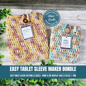 Crochet Pattern and Display Tag Bundle, Easy Table Sleeve Pattern, 2 Sizes, Customizable Size, Printable Display Tags 3 Styles, Beginner