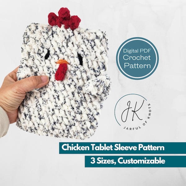Patrón de crochet, funda para tablet con diseño de pollo, 3 tamaños, funda para iPad, funda para Kindle, descarga digital, ideal para principiantes, funda para lector electrónico