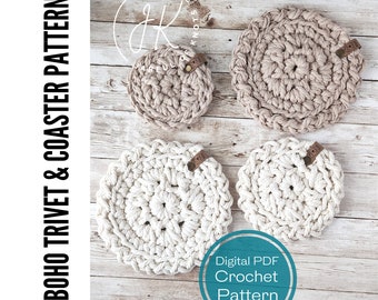 Boho Trivet and Coaster Set, Digital Crochet Pattern (PDF Pattern)