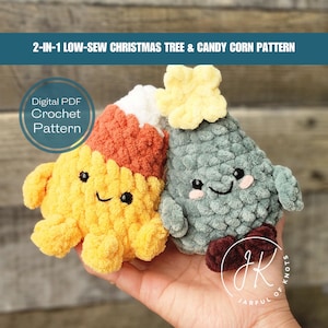 May include: A crochet pattern for a candy corn and a Christmas tree. The candy corn is yellow, orange, and white. The Christmas tree is green with a yellow star on top. Both are smiling and have googly eyes. The pattern is called "2-in-1 Low-Sew Christmas Tree & Candy Corn Pattern" and is available as a digital PDF download.