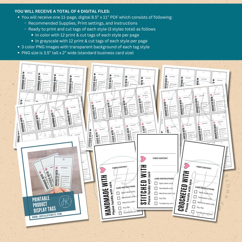 Etiquetas imprimibles para exhibir productos hechos a mano, listas para imprimir, archivo PNG, tarjeta de presentación, tarjetas de cuidado, archivo PDF, archivos de tarjetas de cuidado de crochet imagen 2