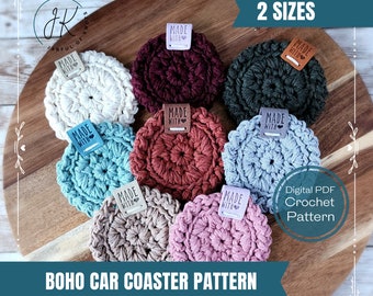 Häkelanleitung, Boho Auto Tassenhalter Untersetzer, 2 Größen, Sofort-Download PDF Muster, Muttertag, anfängerfreundlich, Boho Auto Dekor