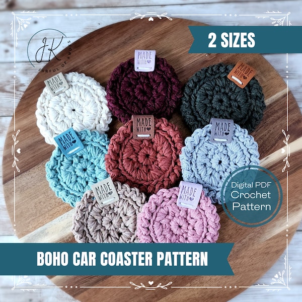 Crochet Pattern, Boho Car Cup Holder Coasters, 2 Sizes, Instant Download PDF Pattern, Mothers Day, Beginner Friendly, Boho Car Decor
