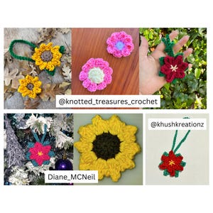 May include: A collage of crocheted flowers, including sunflowers, pink flowers, and red poinsettia ornaments. The image includes the text "@knotted_treasures_crochet" and "@khushkreationz".