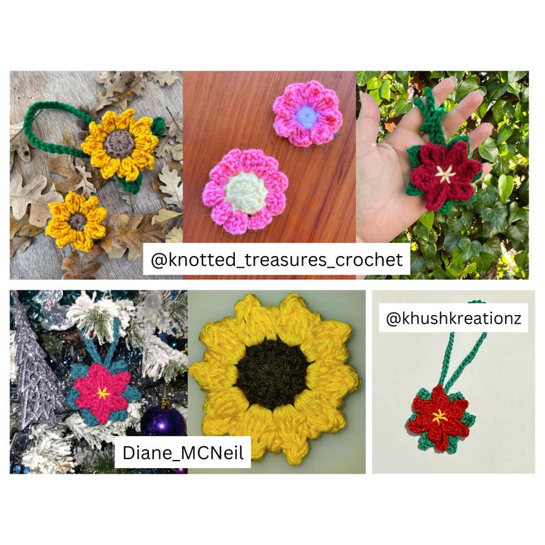 May include: A collage of crocheted flowers, including sunflowers, pink flowers, and red poinsettia ornaments. The image includes the text "@knotted_treasures_crochet" and "@khushkreationz".