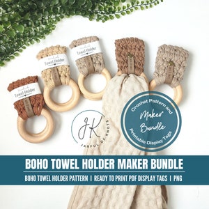 Bundel haakpatroon en displaytags, boho handdoekhouder, klaar om tags af te drukken, png-bestand, kleinigheidjes, gehaakte marktvoorbereiding