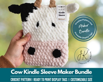 Crochet Pattern and Display Tag Bundle, Cow Kindle Sleeve Crochet Pattern Maker Bundle, Customizable Size, Beginner-Intermediate Friendly