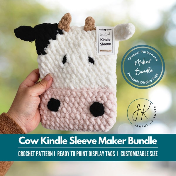 Crochet Pattern and Display Tag Bundle, Cow Kindle Sleeve Crochet Pattern Maker Bundle, Customizable Size, Beginner-Intermediate Friendly