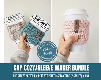 Crochet Pattern and Display Tag Bundle, Coffee Cup Cozy/Sleeve, Quick Crochet Projects, Scrap Yarn Crochet, Cup Cozy Crochet Pattern,