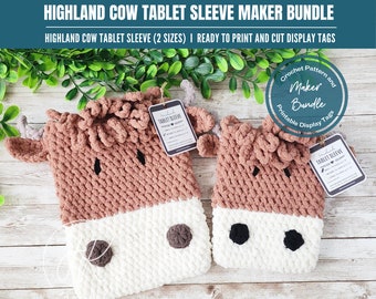 Crochet Pattern and Display Tag Bundle, Highland Cow Tablet Sleeve, 2 Sizes, Printable Display Tag, Customizable, IPad Sleeve, Kindle Sleeve