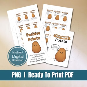 Download digitale, patata positiva, patata positiva, 2 stili, PDF pronto per la stampa, giochi di parole sulla patata, schede espositive di patate positive all'uncinetto
