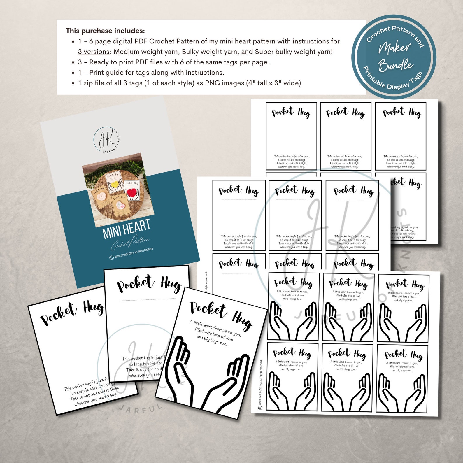 Crochet Pattern and Display Tag Bundle, Pocket Hug Mini Heart Pattern ...