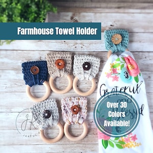 Farmhouse Kitchen Towel Holder, Customize with choice of holder color and button, Kitchen decor, party favor, towel topper, towel ring