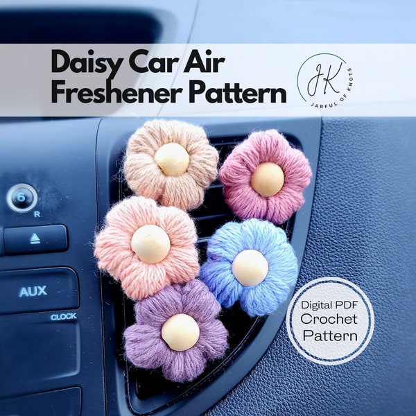 Crochet Pattern, Daisy Essential Oils Car Vent Diffuser, Crochet Car Decor Patterns, Crochet Car Accessories