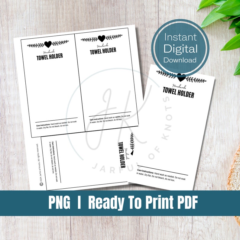 May include: Printable digital download of two black and white towel holder tags with the text "Handmade Towel Holder" and care instructions. The tags are ready to print.