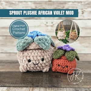 Può includere: Uno schema di uncinetto digitale per una pianta di violetta africana di peluche in un vaso. Lo schema include due stili diversi della pianta, uno con un vaso marrone e uno con un vaso arancione. Lo schema è disponibile per il download in PDF.