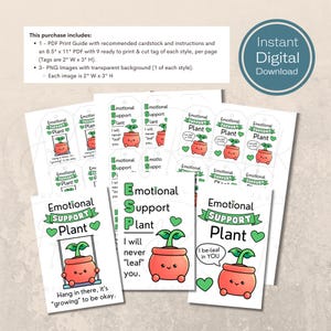 Pu&ograve; includere: Download digitale stampabile di nove diversi tag regalo per piante di supporto emotivo. Ogni tag presenta una simpatica pianta di cartone animato con un messaggio diverso, come "Non ti "lascer&ograve;" mai." e "Resisti, &egrave; "crescere" per stare bene."