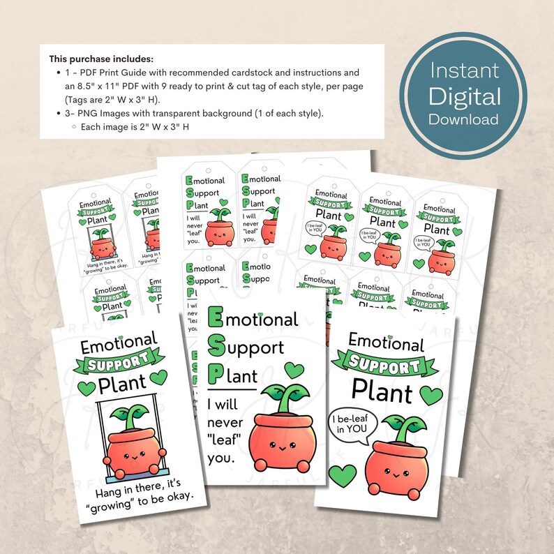 Pu&ograve; includere: Download digitale stampabile di nove diversi tag regalo per piante di supporto emotivo. Ogni tag presenta una simpatica pianta di cartone animato con un messaggio diverso, come "Non ti "lascer&ograve;" mai." e "Resisti, &egrave; "crescere" per stare bene."