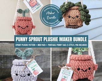 Crochet Pattern & Display Tag Bundle, Punny Sprout Plushie Maker Bundle with Ready To Print Tags, 5 styles, Mod Pack Included!