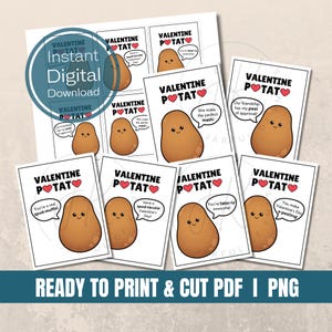 Descarga digital, tarjetas de San Valentín con dibujos de papas, listas para imprimir y cortar, PNG, etiquetas de exhibición de amigurumi, San Valentín de clase, San Valentín lindo, juego de palabras